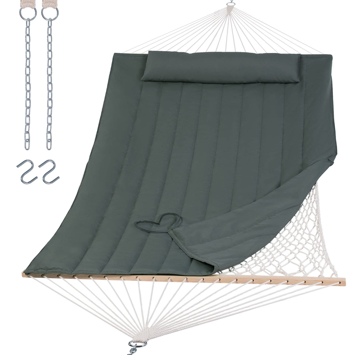 SUNCREAT 2 Person Hammock with Hardwood Spreader Bar, Outdoor Rope Hammock with Polyester Pad, 475 lbs Capacity, Beige