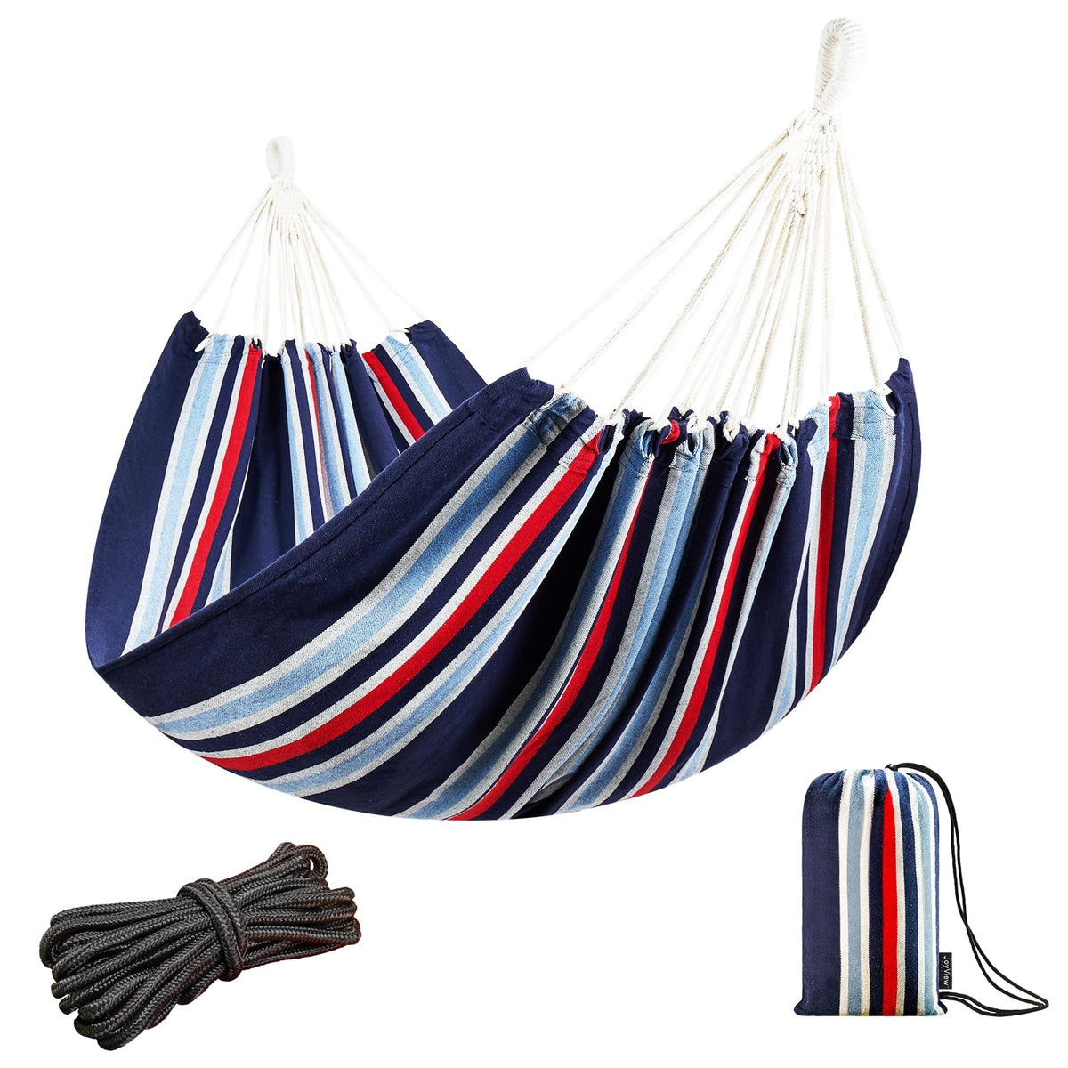 JoyView Brazilian Double Hammock with Hanging Ropes Extra Large 86.6x59” Portable Cotton Hammock for Patio Backyard Porch 450LBS Weight Capacity Perfect for Outdoor/Indoor - Color Stripes
