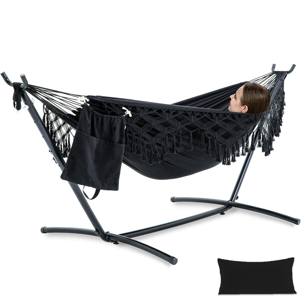 PNAEUT Handmade Tassel Hammock with Stand for Outside, 450 lbs Capacity