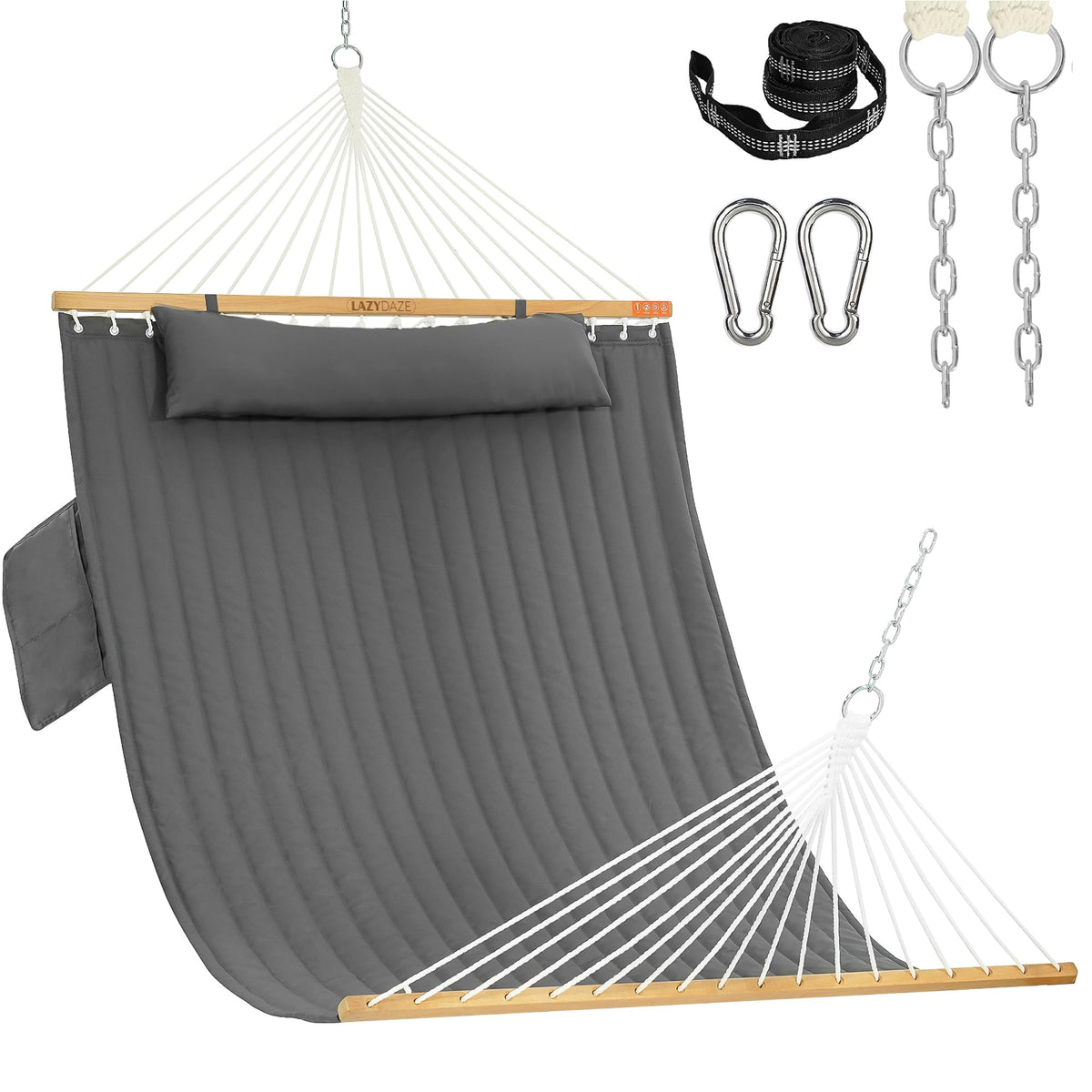 Lazy Daze Double Hammock with Pillow & Tree Straps for Outside, Grey