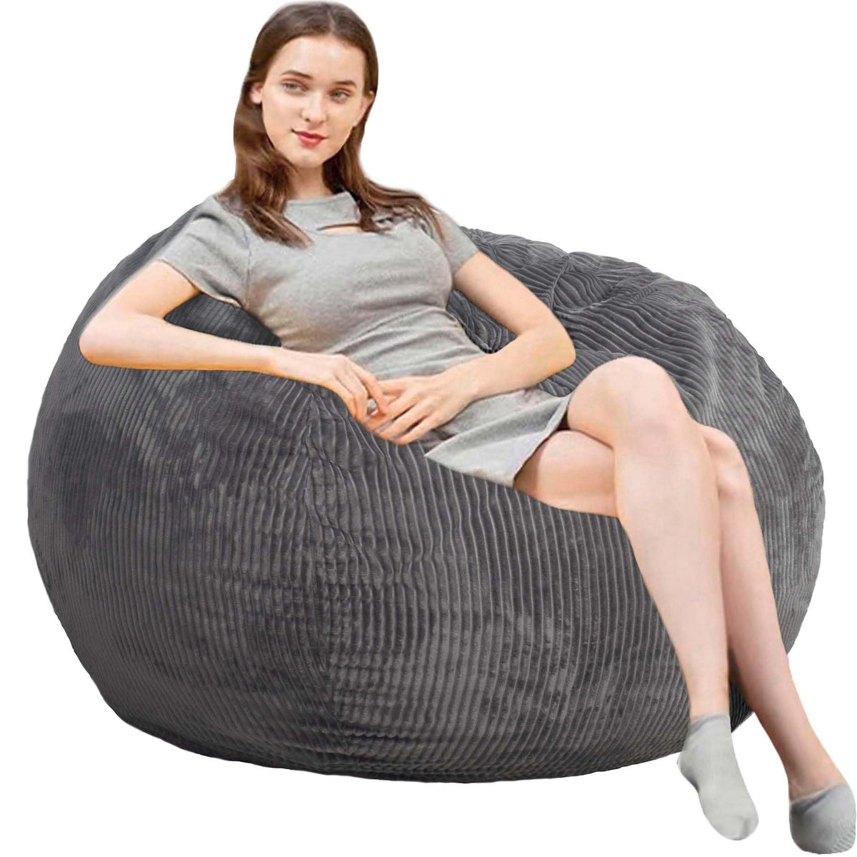 Fluffy Bean Bag Chair for Kids, 2.5FT Round Memory Foam Filled Bean Bag for Teens & Kids, Ultra Soft Faux Fur Fabric Bean Bag Chairs for Playroom, Living Room, Bedroom, Dark Green