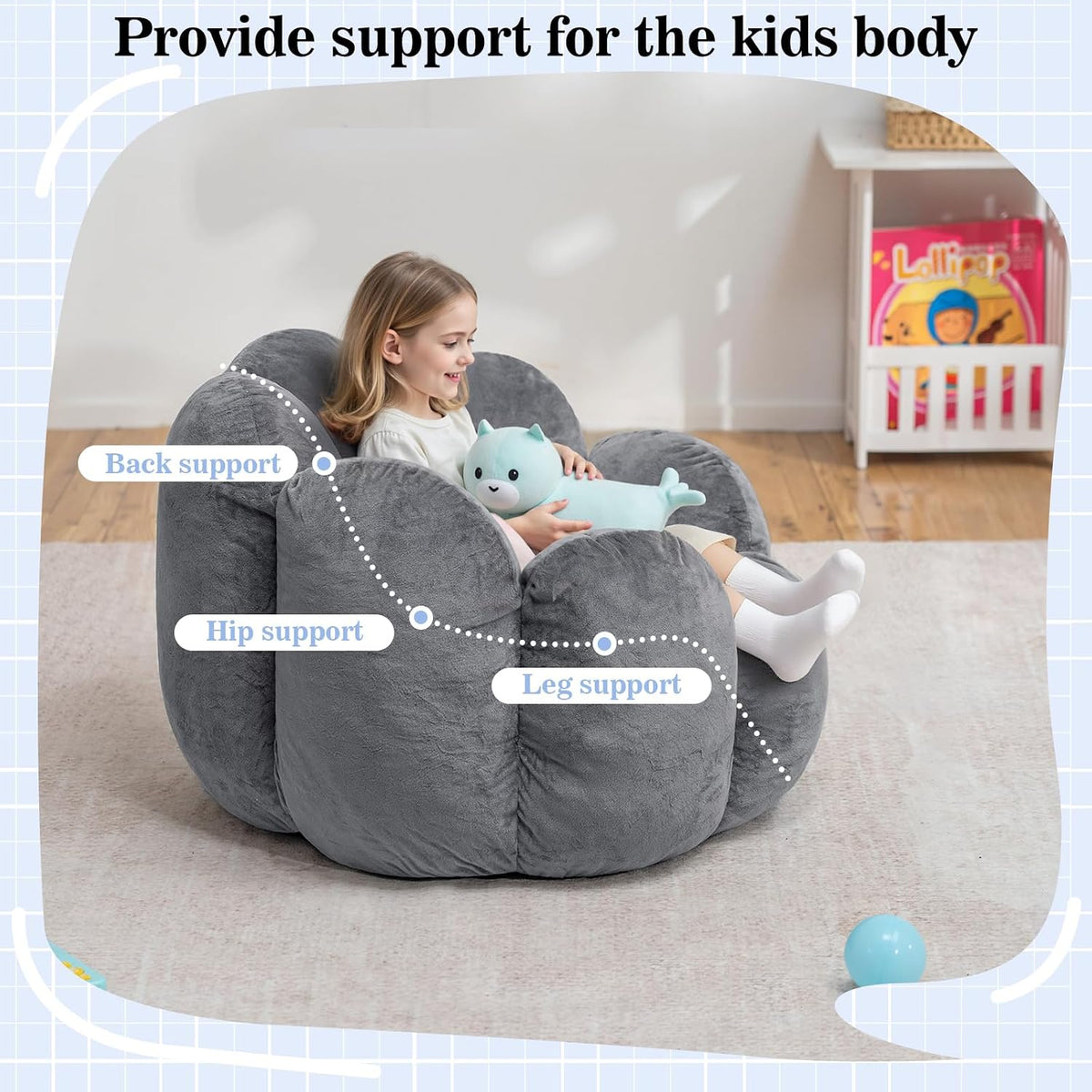 HOMMPA Kids Bean Bag Chair Flower Shape Bean Bag Sofa Comfy Velvet Bean Bag Chair for Kids Baby Lazy Floor Sofa Chair for Gaming Reading Playing Grey