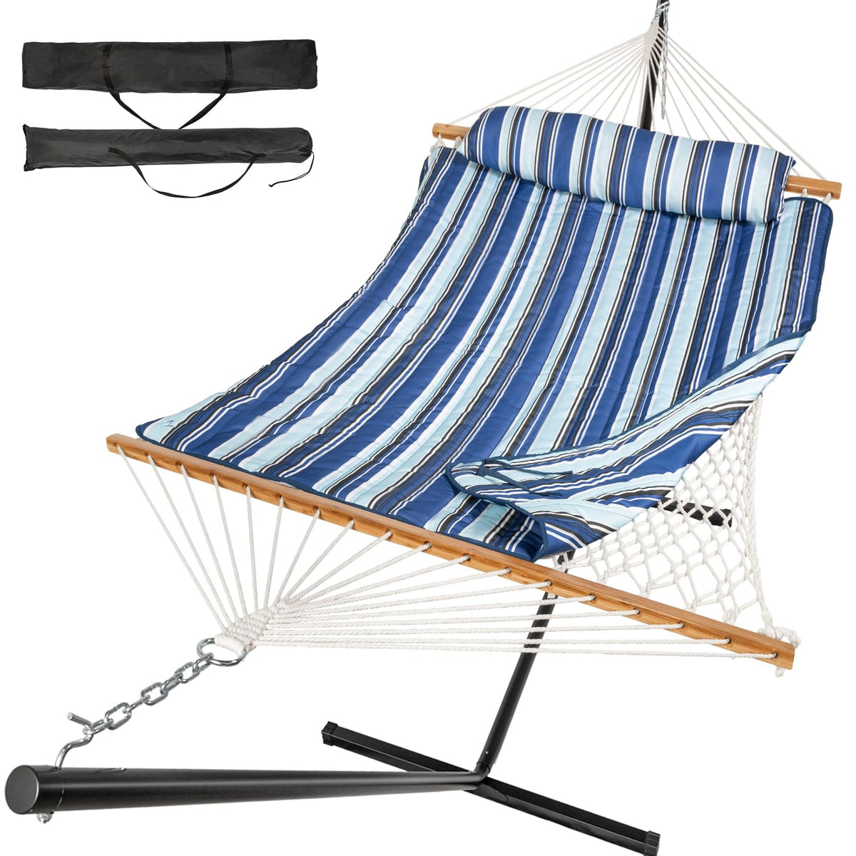 Everyfun 2 Person Double Hammock with Stand, 500 lb Cotton Rope, Blue