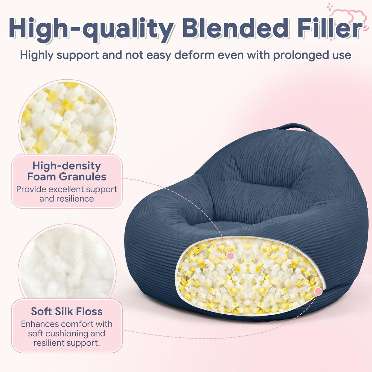 31.5"x31.5"x24" Kids Bean Bag Chair for Kids & Teens,Dark Blue