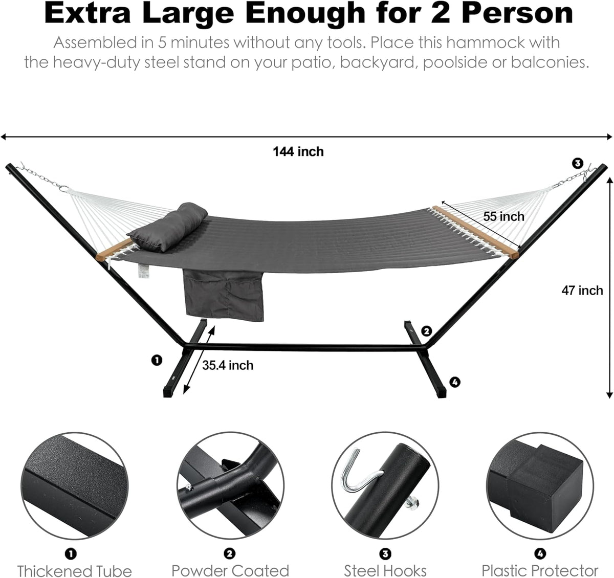 GAFETE 2 Person Hammock with Stand for Outside, Heavy Duty Steel Stand