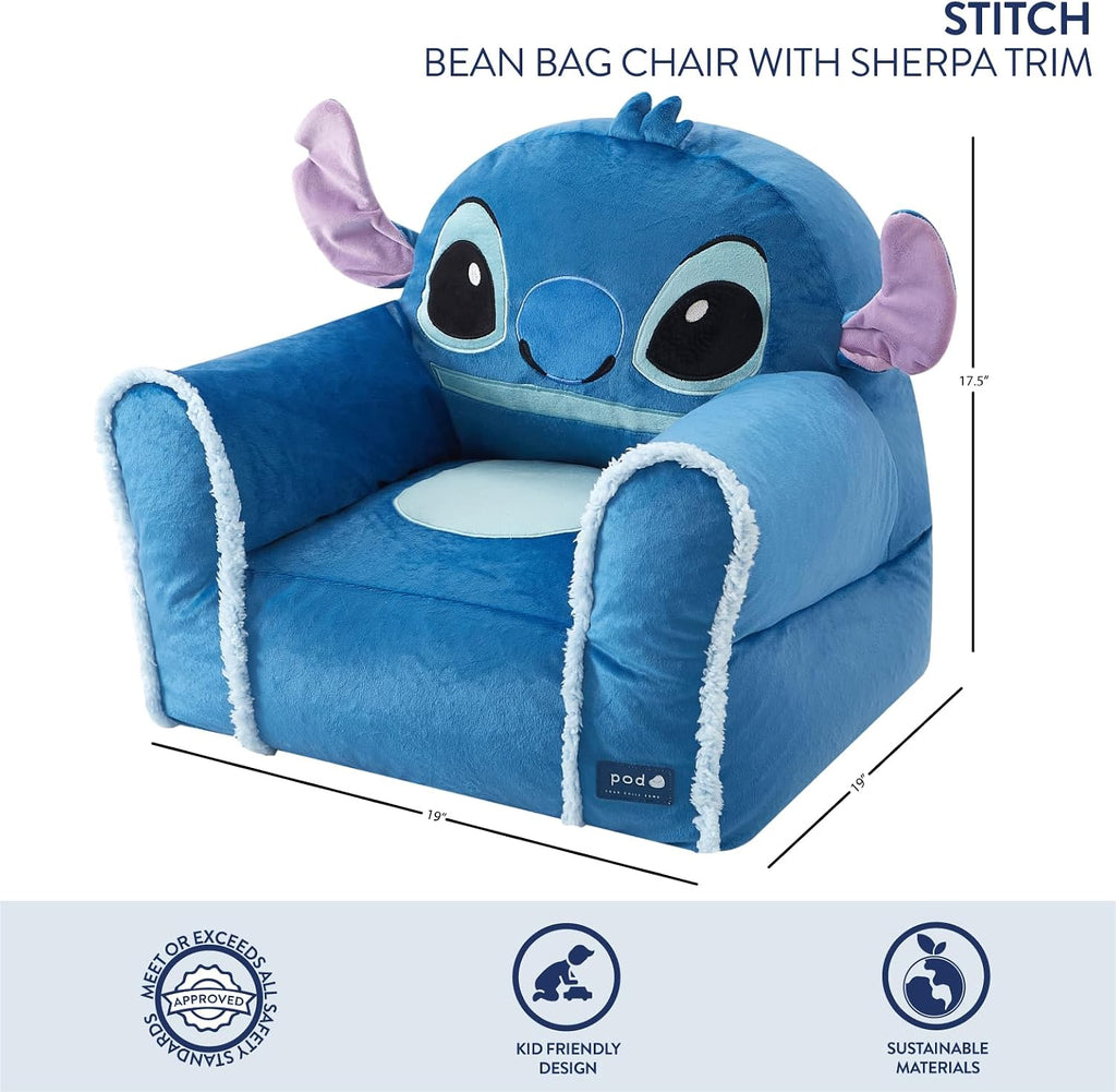 Disney Stitch Figural Bean Bag Sofa Chair with Armrests, Soft & Comfortable Kids Lounge Chair for Bedroom & Playroom, Ages 3+