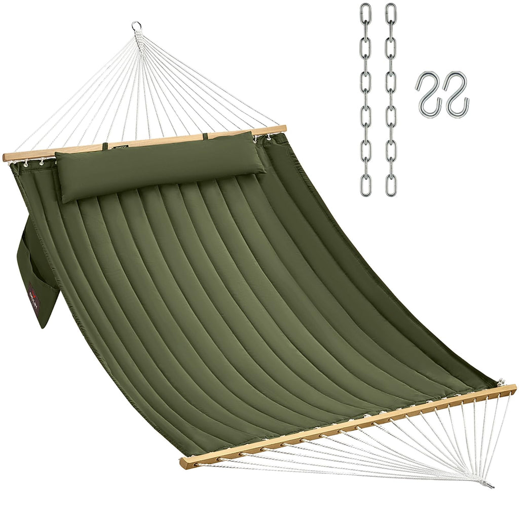 CHULIM Double Quilted Fabric Hammock with Hardwood Spreader Bars and Pillow 450 LBS Capacity 2 Person Large Hammock for Outdoor Patio Backyard Poolside - Dark Grey