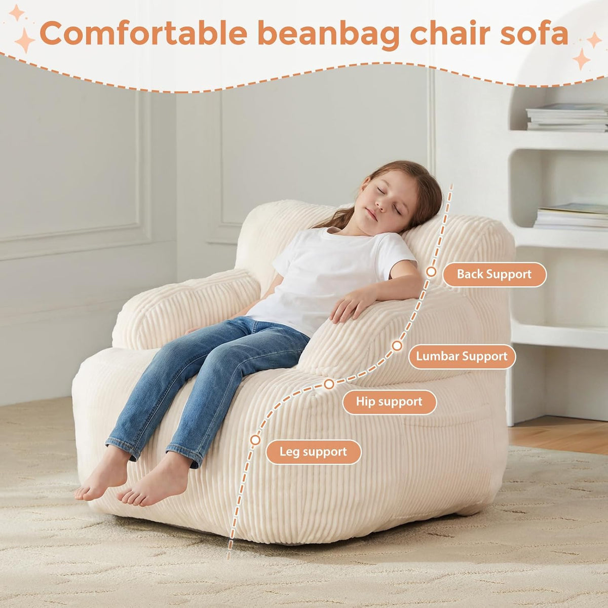 HUGHEAVEN Comfy Kids Bean Bag Chair, Stuffed Bean Bag Sofa with Armrests