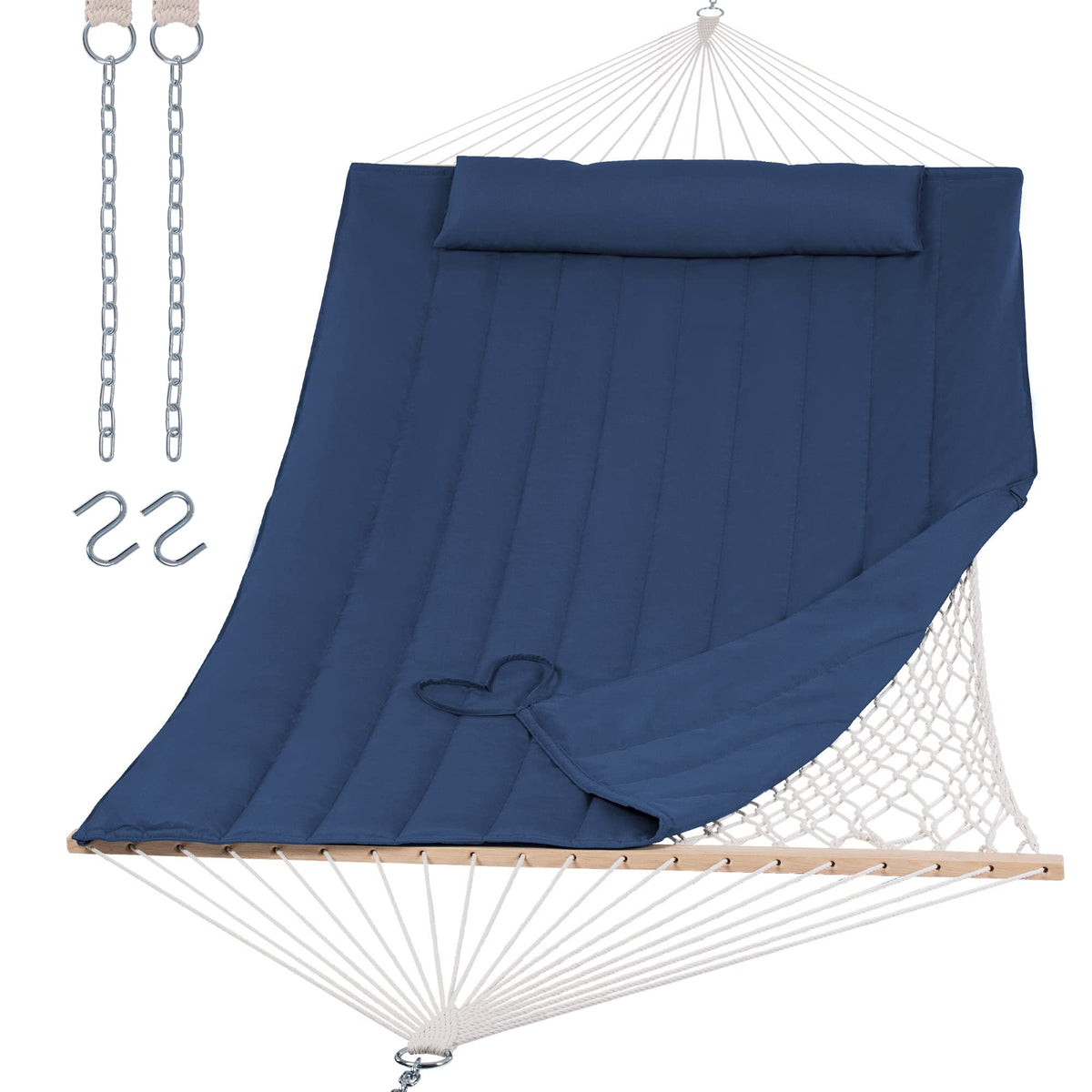 SUNCREAT 2 Person Hammock with Hardwood Spreader Bar, Outdoor Rope Hammock with Polyester Pad, 475 lbs Capacity, Beige
