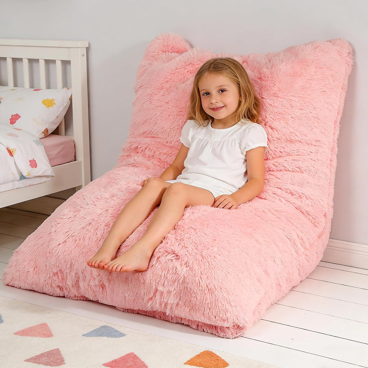 3 in 1 Kids Bean Bag Chair Bed, Kids Fluffy Stuffed Floor Pillow for Gaming and Reading, Ultra Soft Faux Fur Fabric Bean Bag Chairs to Lounger for Playroom, Living Room, Bedroom, Pink