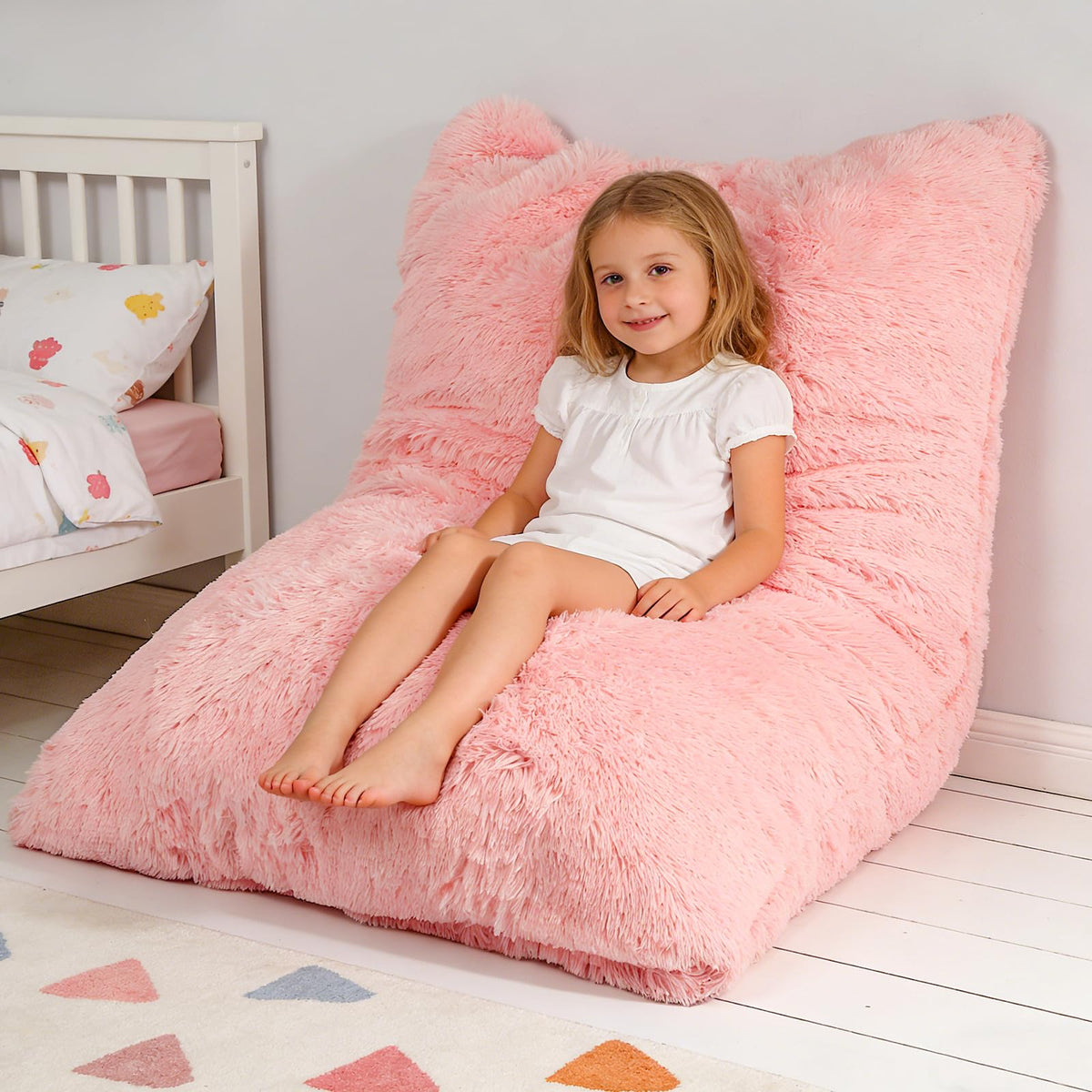 3 in 1 Kids Bean Bag Chair Bed, Kids Fluffy Stuffed Floor Pillow for Gaming and Reading, Ultra Soft Faux Fur Fabric Bean Bag Chairs to Lounger for Playroom, Living Room, Bedroom, Pink