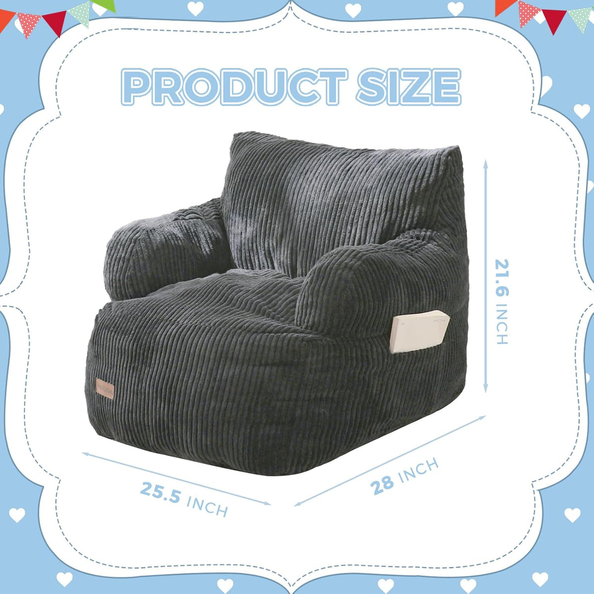 MAXYOYO Kids Bean Bag Chair, Stuffed Bean Bag Sofa, Dark Grey, Standard