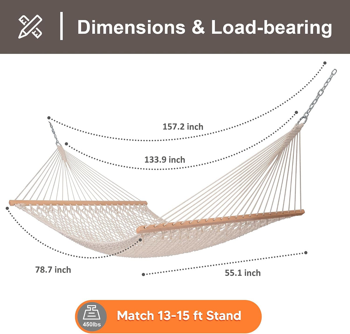 SUNCREAT Traditional Rope Double Hammock, 450 lbs Capacity, Natural