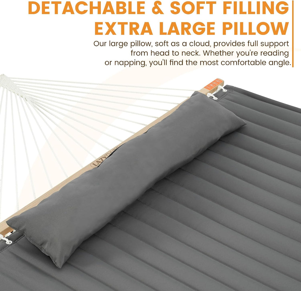 Lazy Daze Double Hammock with Pillow & Tree Straps for Outside, Grey