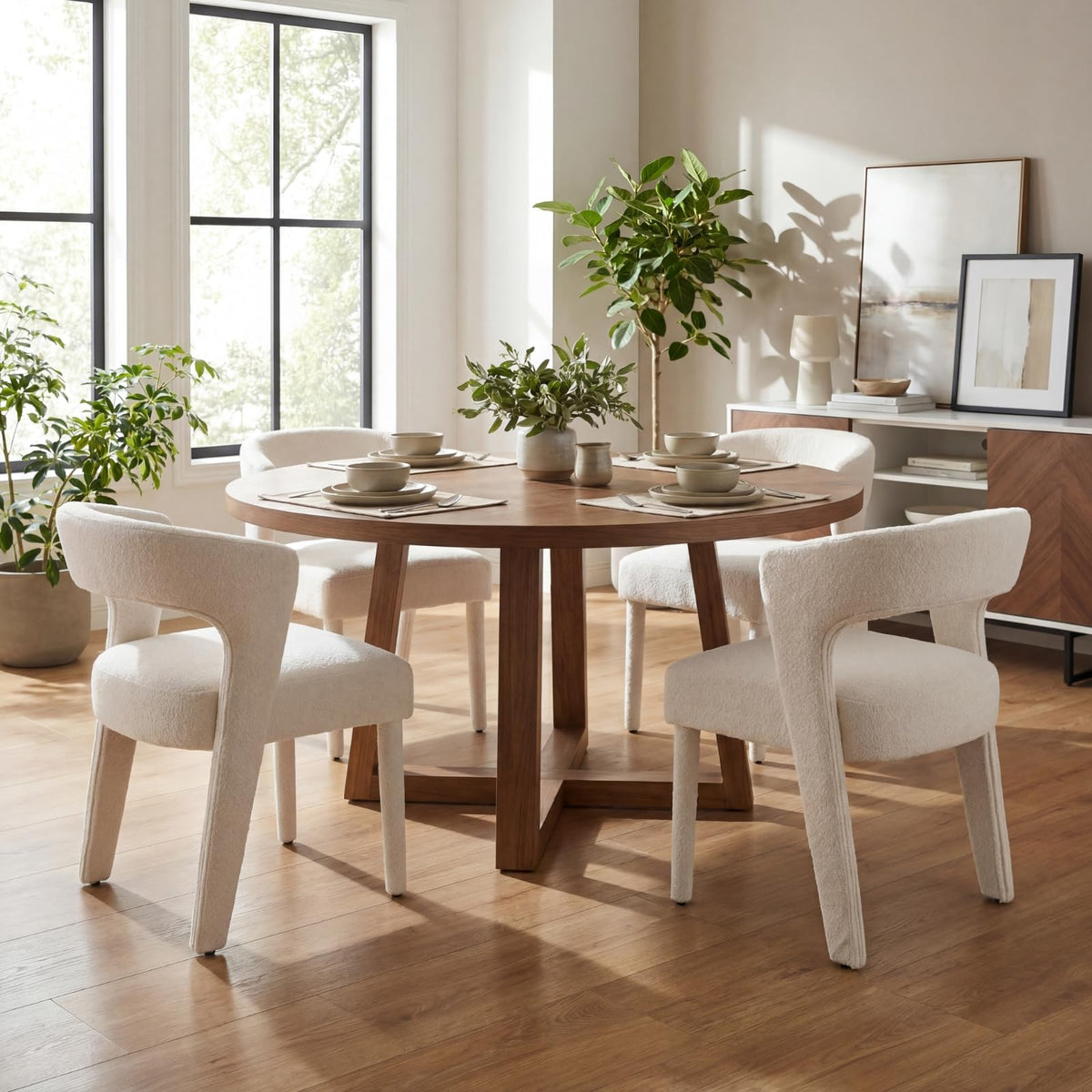 HNY Mid-Century Upholstered Dining Chairs Set of 6, Modern Brown Faux Leather Dining Room Chairs Curved Open Back Accent Side Chairs with Solid Wood Legs for Kitchen Living Room, Brown
