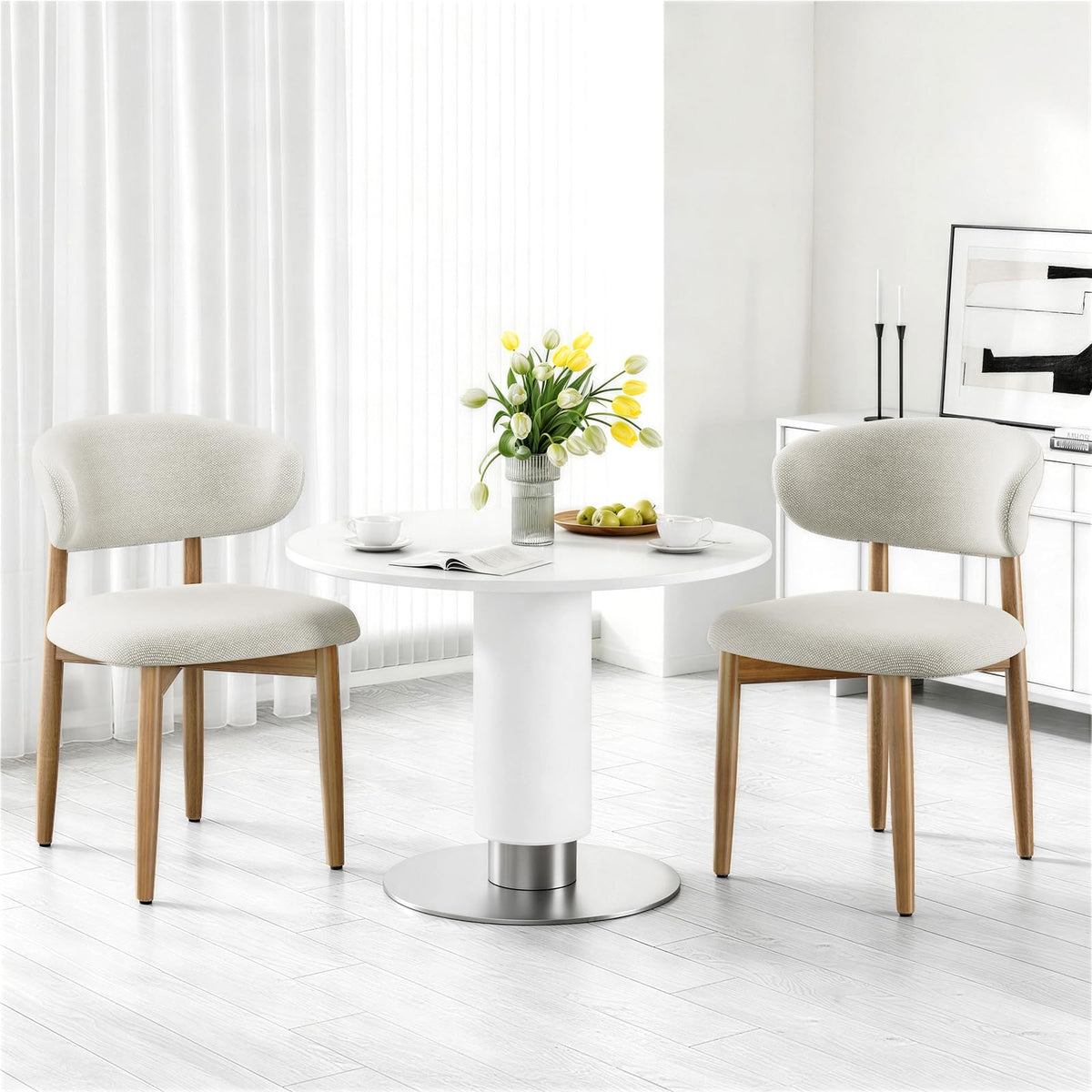 LEVELEVE Wooden Dining Chairs Set of 6,Farmhouse Kitchen Chairs with Curved Back,Modern Fabric Upholstered Chairs for Dining Room,Beige