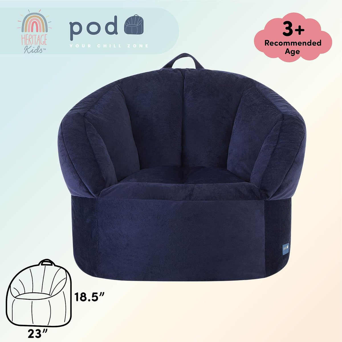 Heritage Kids Pod Curved Back Kids Bean Bag Chair, Soft Plush Lounge Seat for Bedroom or Playroom, Blue