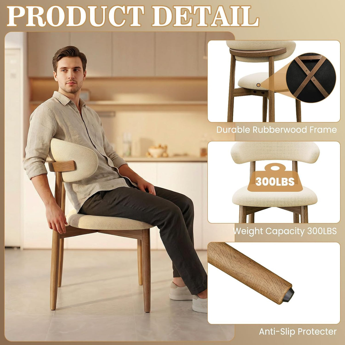 LEVELEVE Wooden Dining Chairs Set of 6,Farmhouse Kitchen Chairs with Curved Back,Modern Fabric Upholstered Chairs for Dining Room,Beige