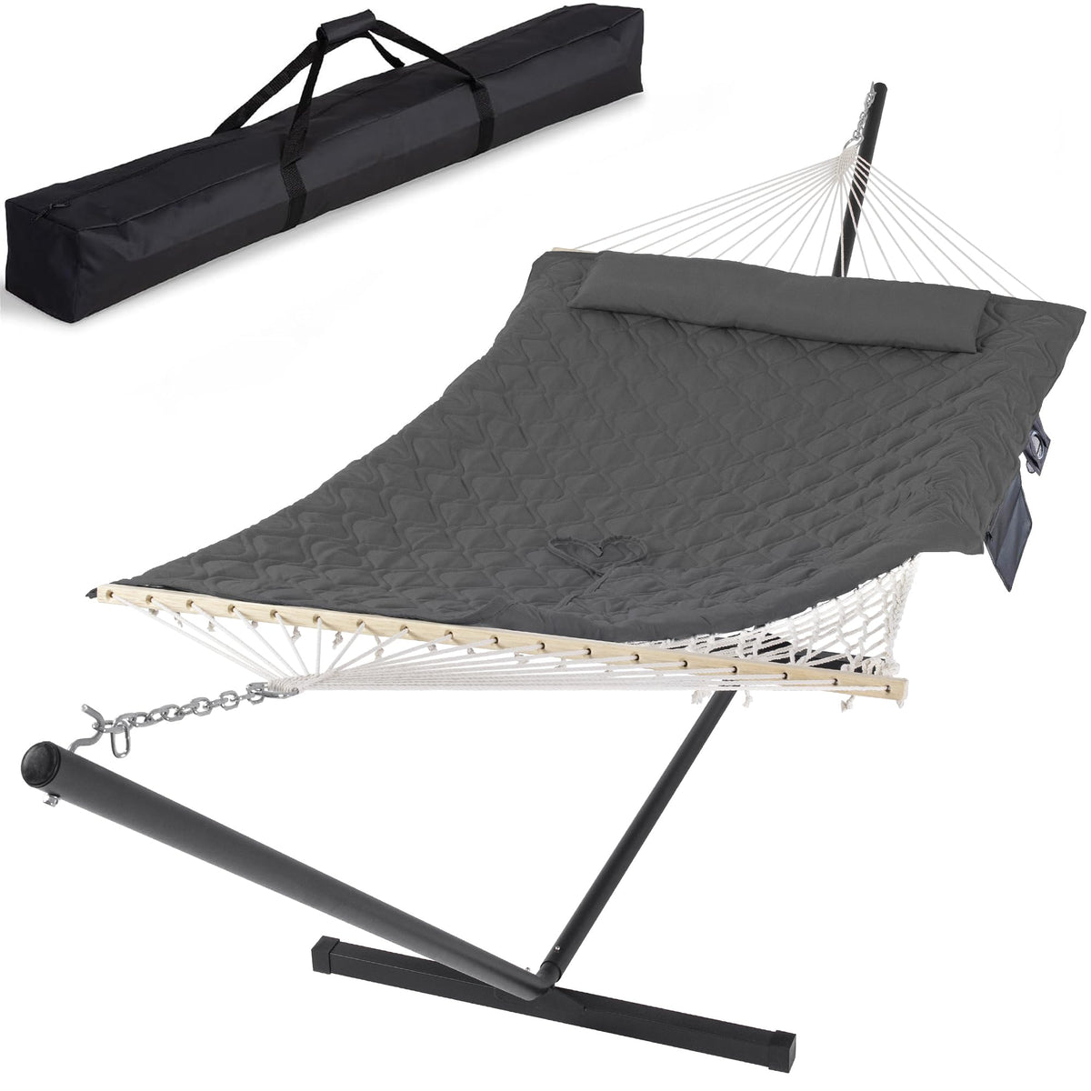 SUNCREAT Double Outdoor Hammock with Stand, Carrying Bag, Dark Gray
