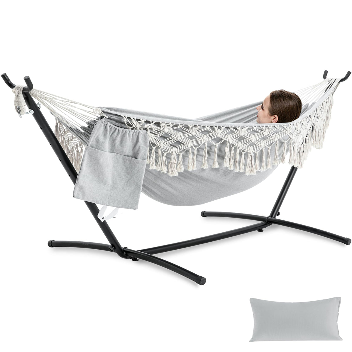 PNAEUT Handmade Tassel Hammock with Stand for Outside, 450 lbs Capacity