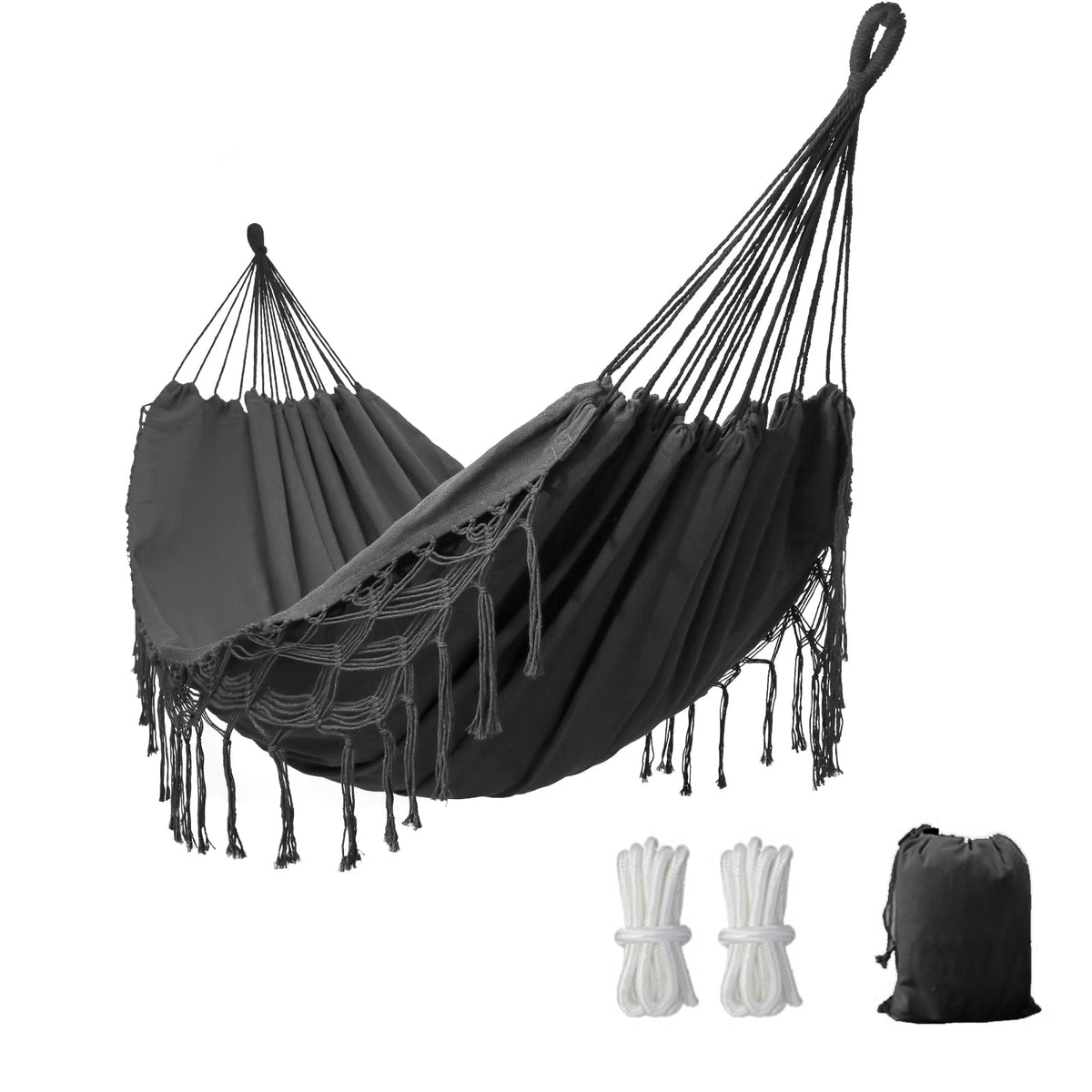Double Boho Macrame Hammock with Elegant Tassels for Patio, Yard, Beach Wedding Decor, Outdoor and Indoor Up to 450lbs Include Tie Ropes and Drawstring Bag