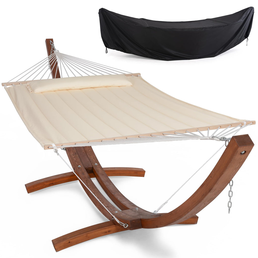 SUNCREAT Hammocks Double Hammock with 13.5 ft Wooden Stand, Hammock Cover, Outdoor Hammocks for Outside, 475 lbs Capacity, Beige