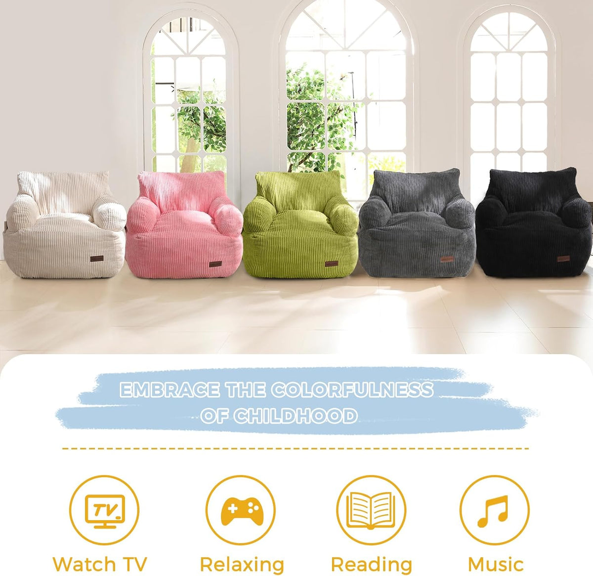 MAXYOYO Kids Bean Bag Chair, Stuffed Bean Bag Sofa, Dark Grey, Standard