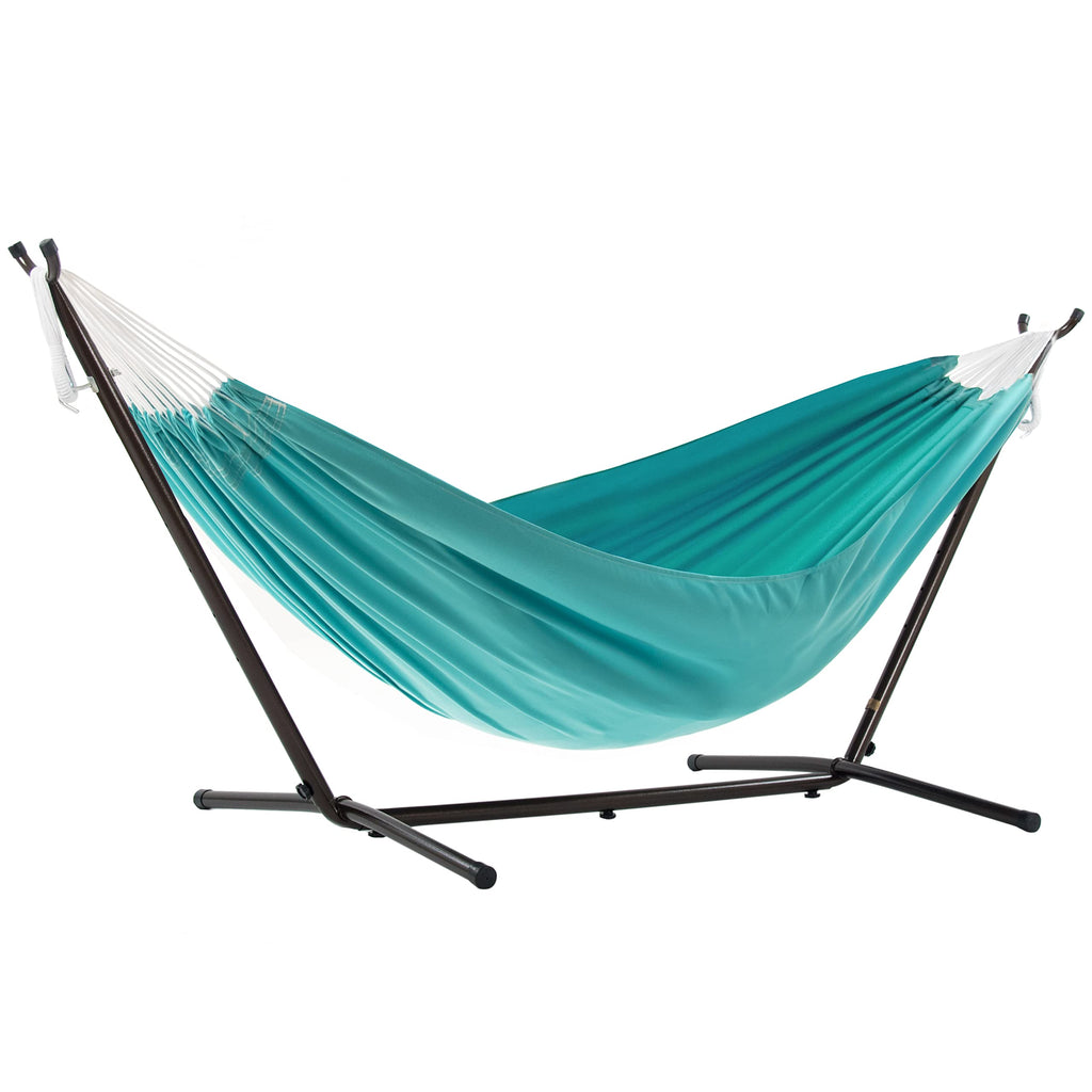 Vivere Double Cotton Hammock, Space Saving Steel Stand, Blue Lagoon, 9 Ft