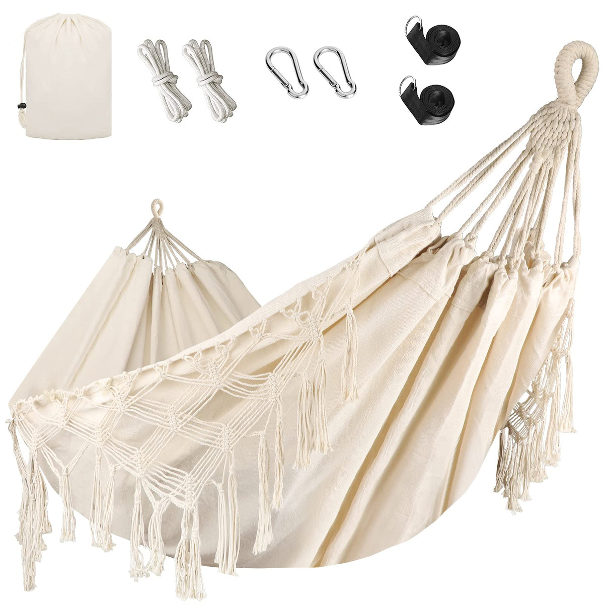 Bellzacasa Double Hammock, Heavy Duty 500 lb Load Capacity Tassels and Fishtail Knitting Portable Camping Hammocks with Mounting Straps for Outdoor Camping Patio Balcony Beige