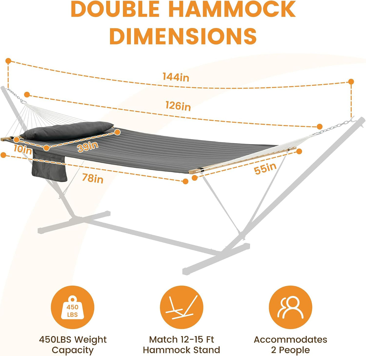 Lazy Daze Double Hammock with Pillow & Tree Straps for Outside, Grey