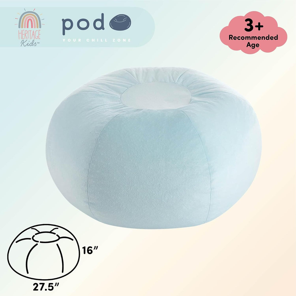 Heritage Kids Pod Round Bean Bag Chair, Soft Plush Lounge Seat for Bedroom or Playroom, Light Blue