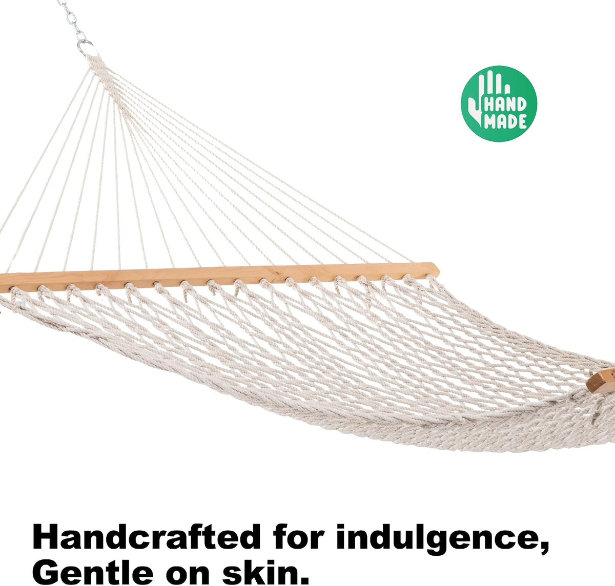 GAFETE Single Rope Hammocks for Outside, Traditional Hand Woven Cotton Hammock with Hardwood Spreader Bar, Max 450 lbs Capacity (Natural Beige, Small)