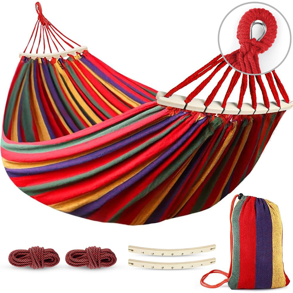 MOSFiATA Hammocks Portable Camping Hammock Upgraded 550lb Comfortable Fabric Hammock with Two Anti Roll Balance Beam and Sturdy Metal Knot Tree Straps for Camping, Patio, Backyard, Outdoor(Blue White)