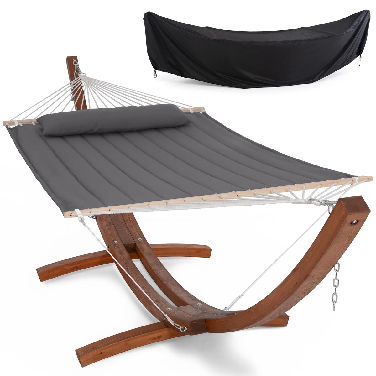 SUNCREAT Hammocks Double Hammock with 13.5 ft Wooden Stand, Hammock Cover, Outdoor Hammocks for Outside, 475 lbs Capacity, Beige