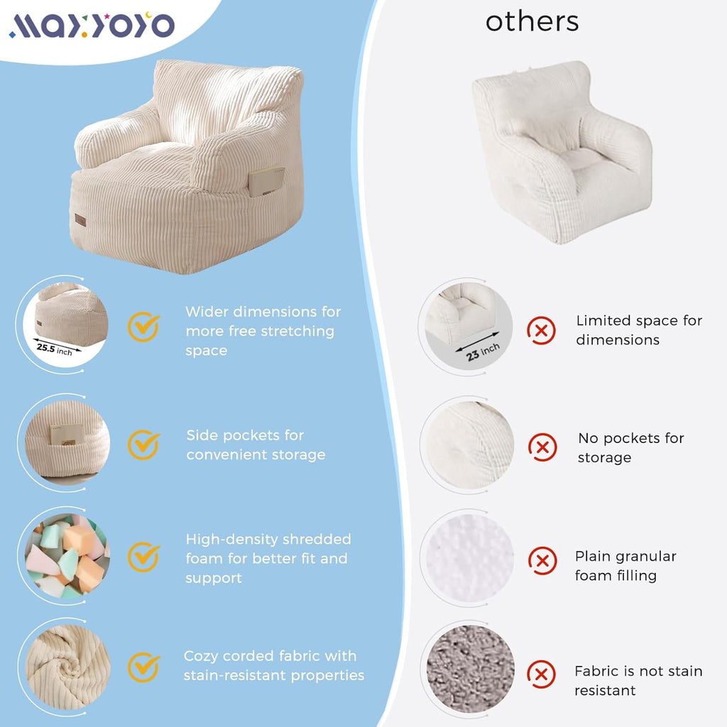 MAXYOYO Kids Bean Bag Chair, Stuffed Bean Bag Sofa, Beige, Standard
