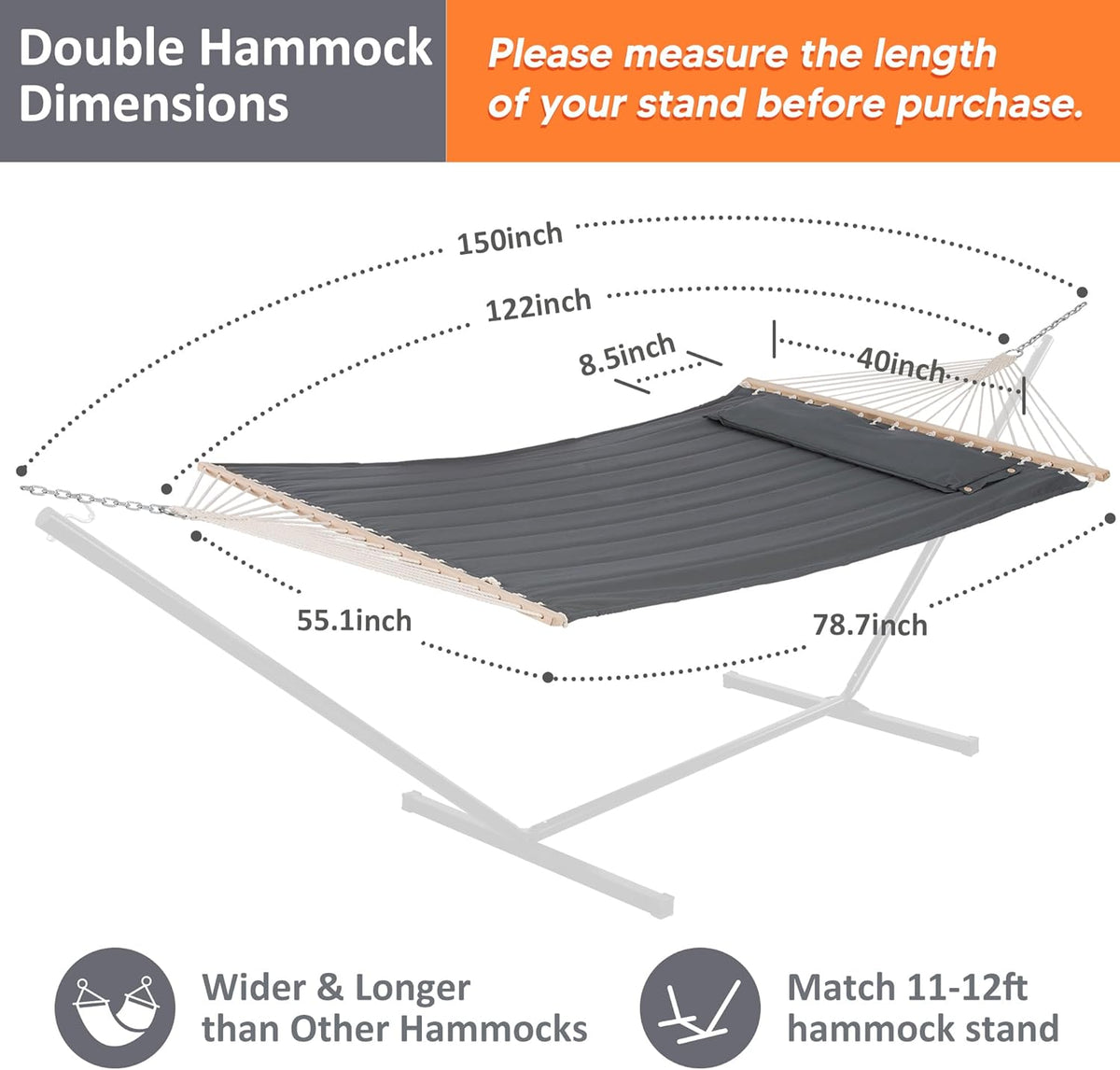 SUNCREAT Heavy Duty 2 Person Hammock for Indoor, Outdoor, Gray
