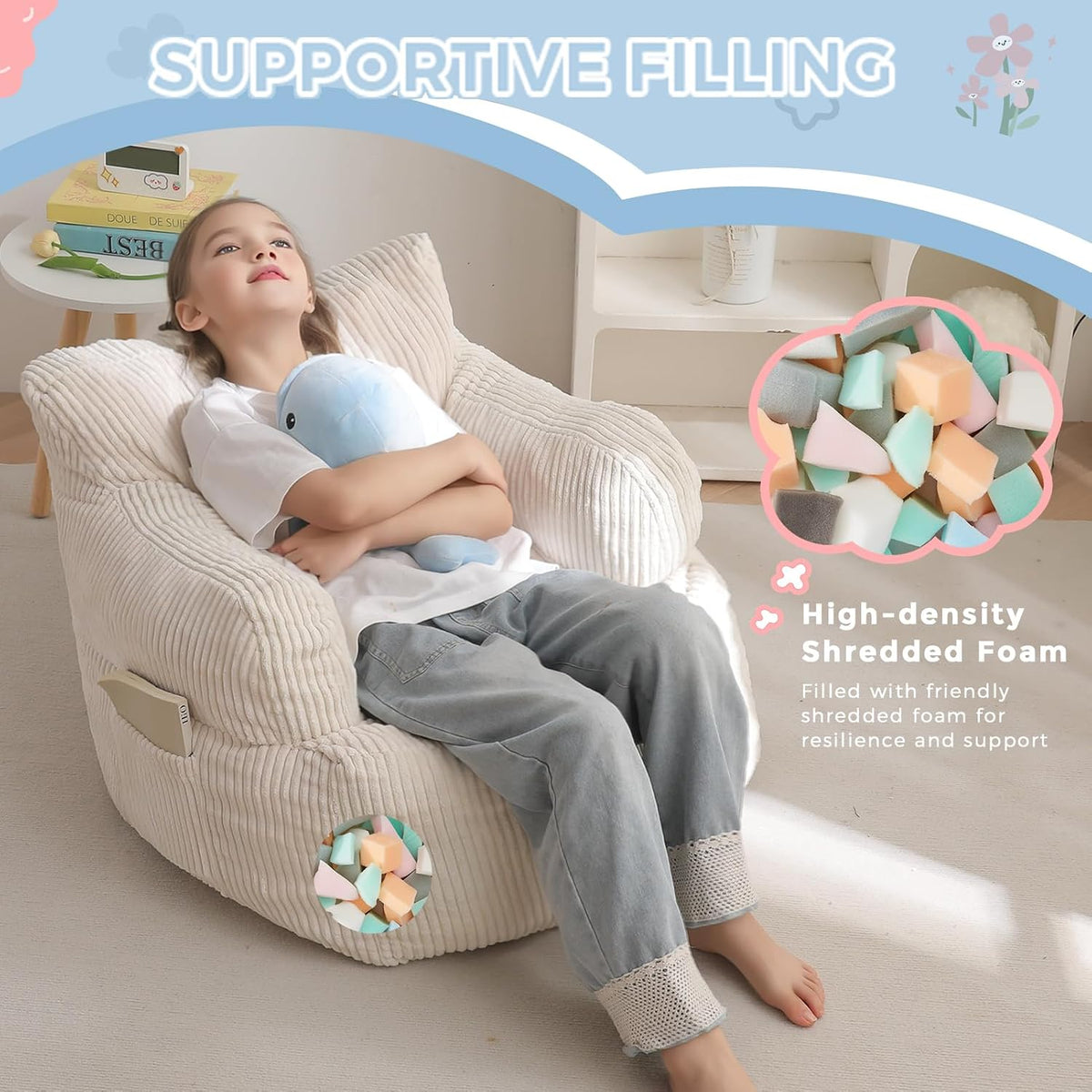 MAXYOYO Kids Bean Bag Chair, Stuffed Bean Bag Sofa, Beige, Standard
