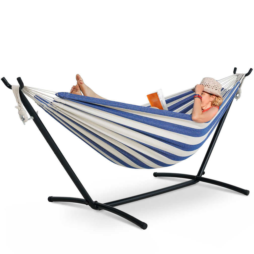 Lazy Daze Portable Hammock with Stand, Free Standing Hammocks for Indoor Outdoor Patio Yard, Has a Carrying Bag and Pillow, 9ft Steel Hamacas Heavy Duty 2 Person Amaca 450 lbs Capacity(White)