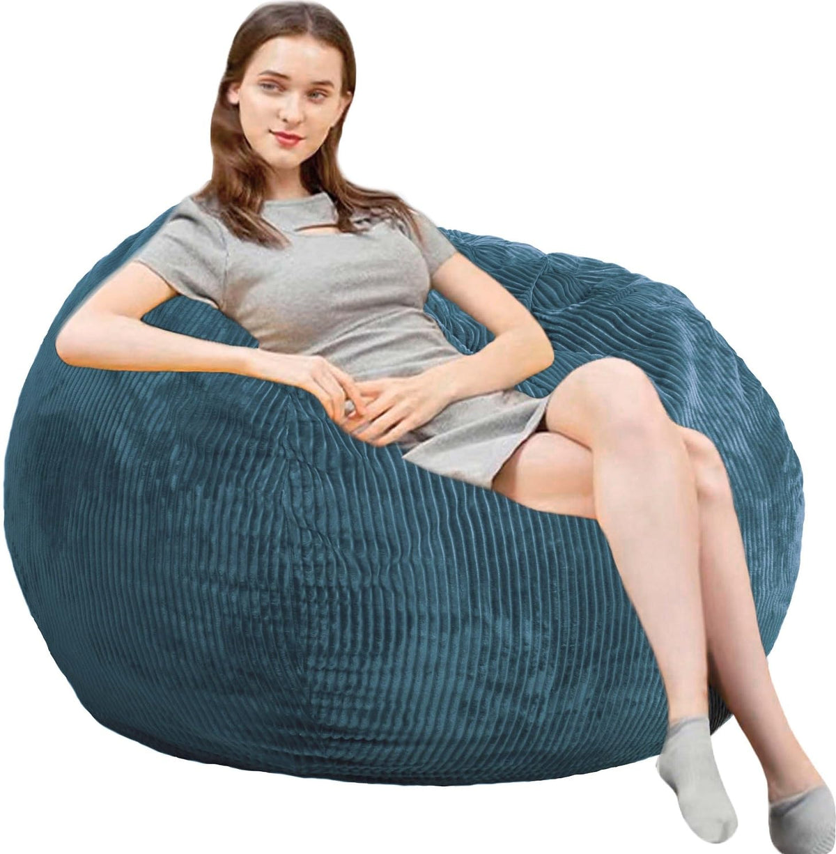Fluffy Bean Bag Chair for Kids, 2.5FT Round Memory Foam Filled Bean Bag for Teens & Kids, Ultra Soft Faux Fur Fabric Bean Bag Chairs for Playroom, Living Room, Bedroom, Dark Green