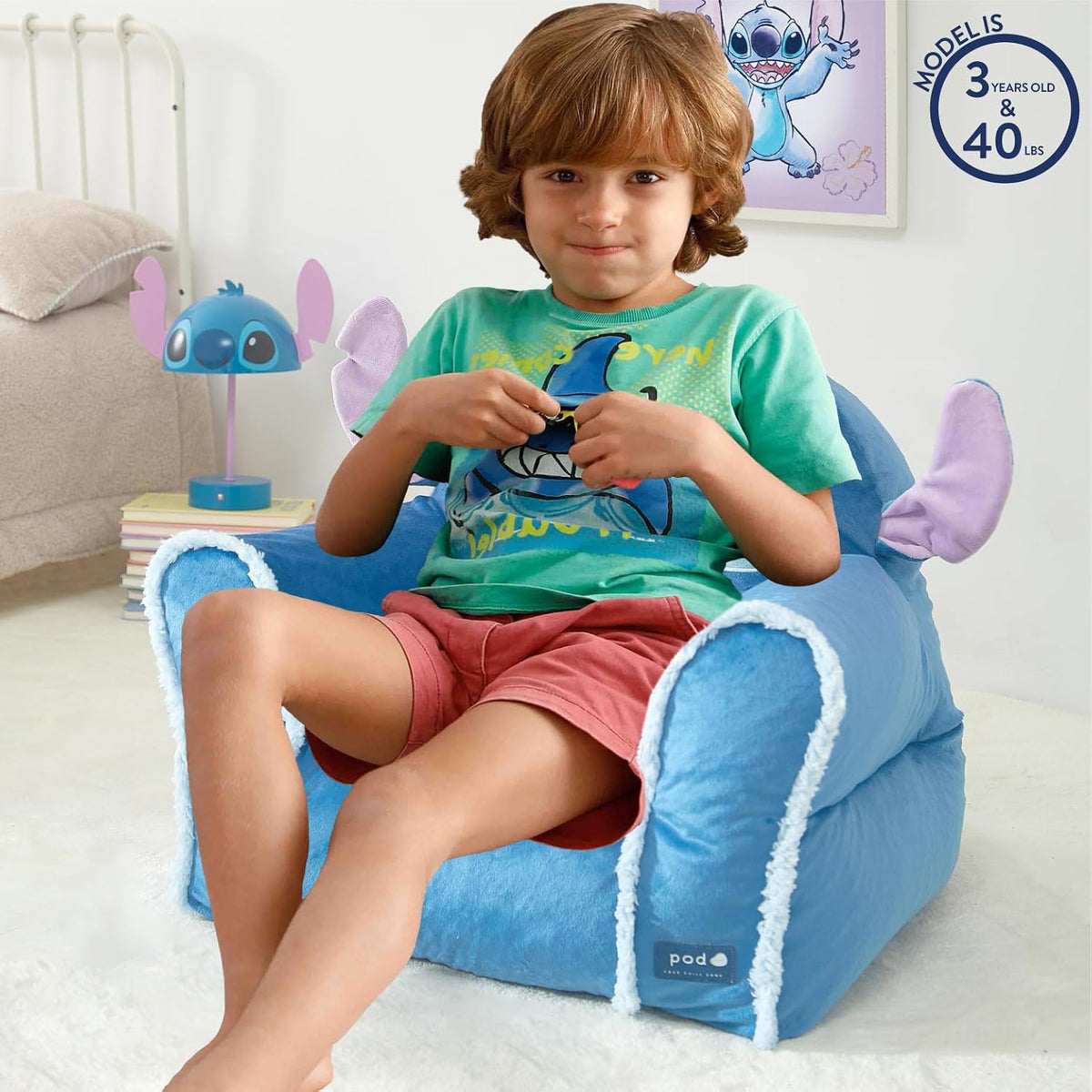 Disney Stitch Figural Bean Bag Sofa Chair with Armrests, Soft & Comfortable Kids Lounge Chair for Bedroom & Playroom, Ages 3+