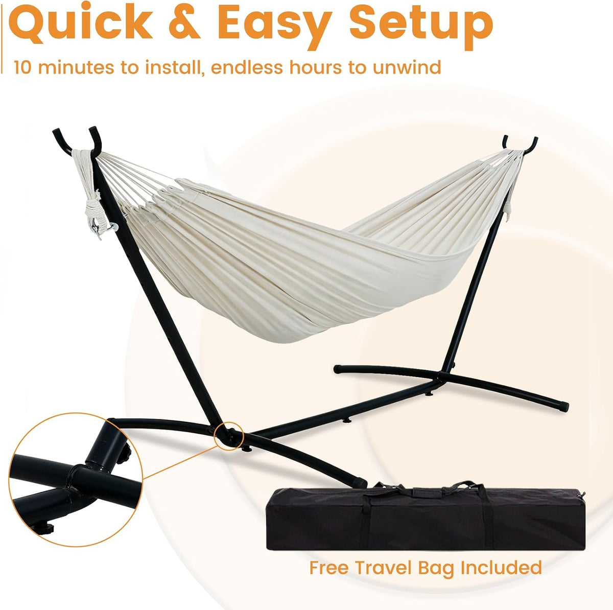Lazy Daze Portable Hammock with Stand, Free Standing Hammocks for Indoor Outdoor Patio Yard, Has a Carrying Bag and Pillow, 9ft Steel Hamacas Heavy Duty 2 Person Amaca 450 lbs Capacity(White)