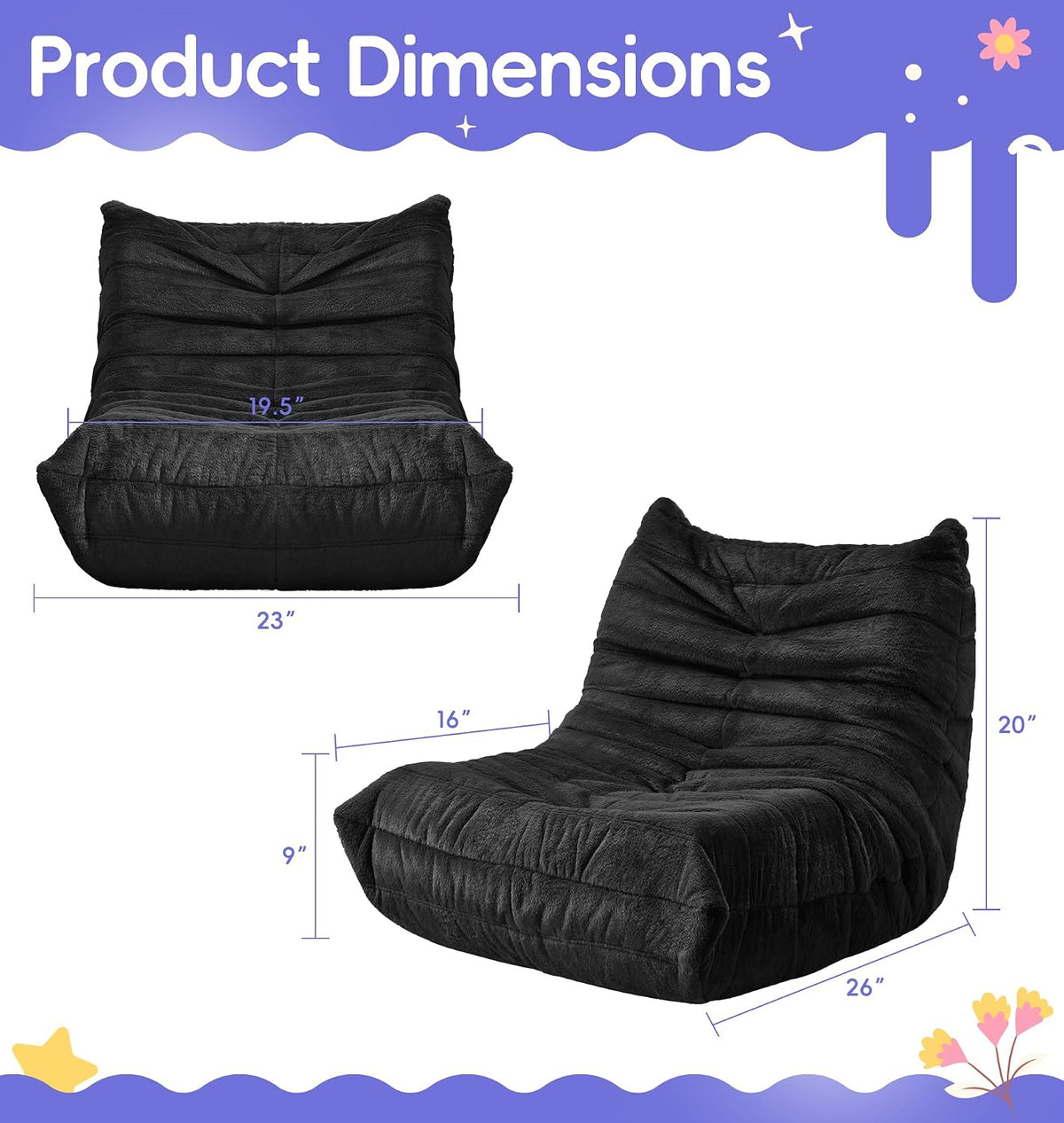Hobestluk Kids Bean Bag Chair Fluffy Black Small Beanbag Couch