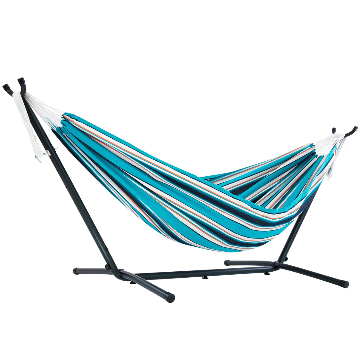 Vivere Double Cotton Hammock, Space Saving Steel Stand, Blue Lagoon, 9 Ft