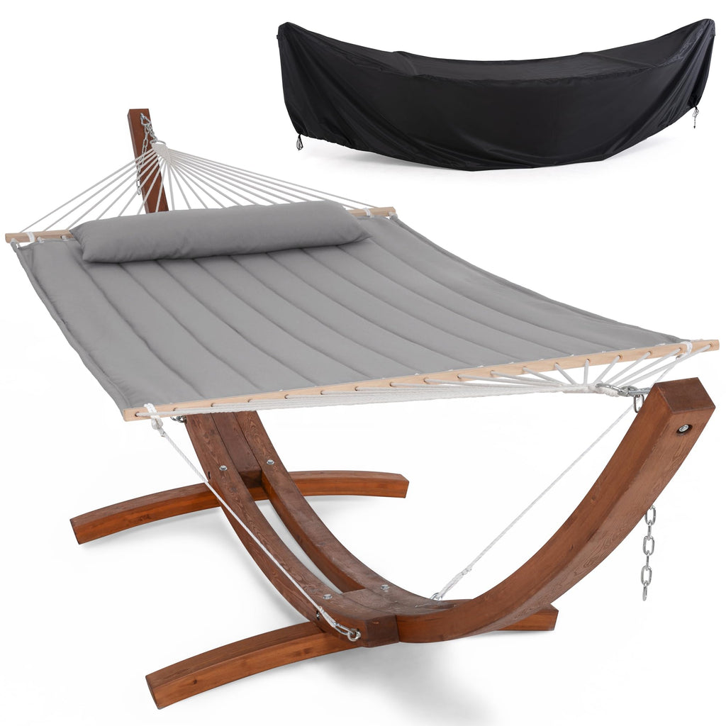 SUNCREAT Hammocks Double Hammock with 13.5 ft Wooden Stand, Hammock Cover, Outdoor Hammocks for Outside, 475 lbs Capacity, Beige
