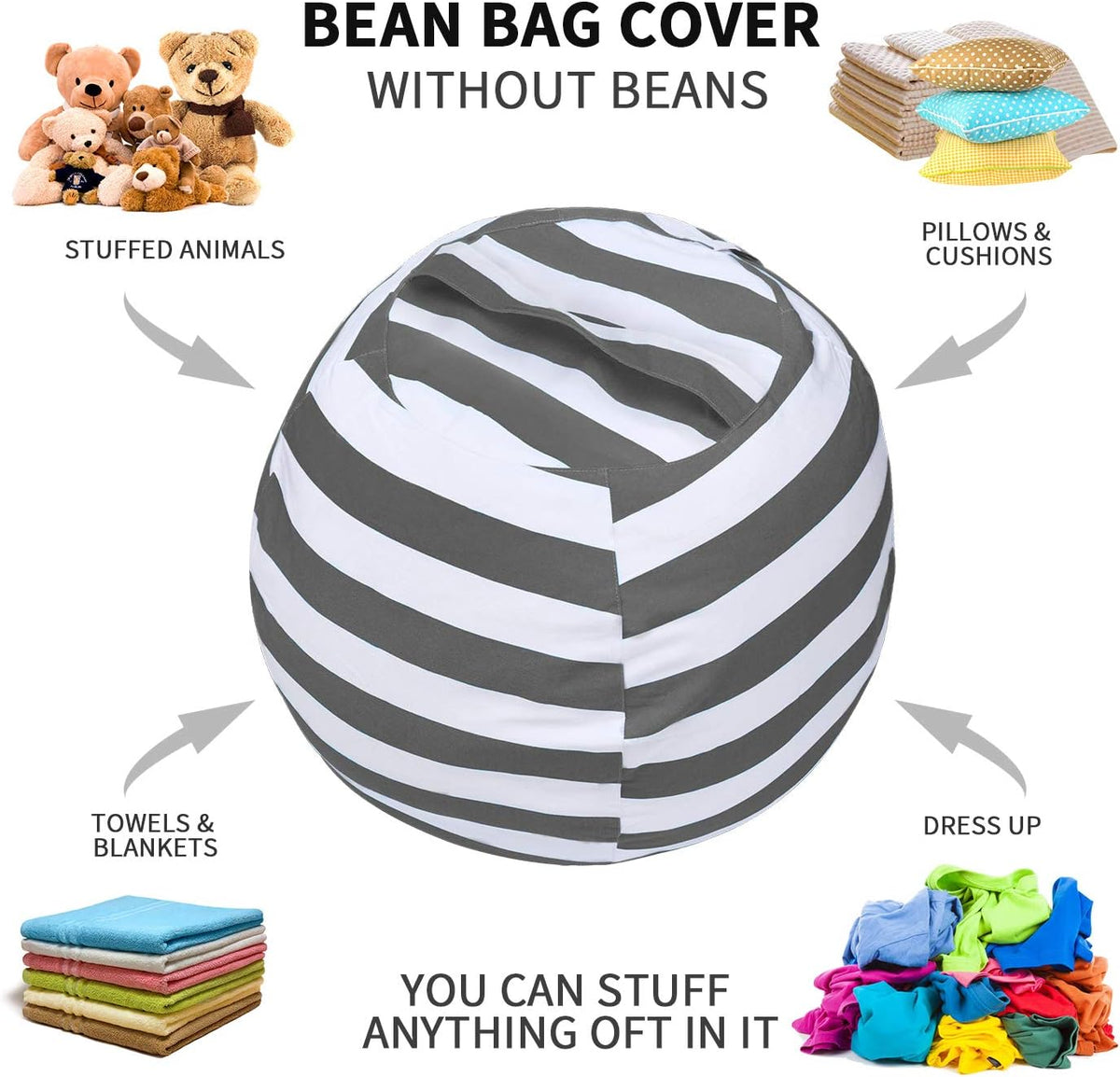 Miaowater Stuffed Animal Storage Bean Bag Chair Cover, Cotton Canvas Beanbag with Zipper for Organizing Kid's and Adults Room 24" (Grey)