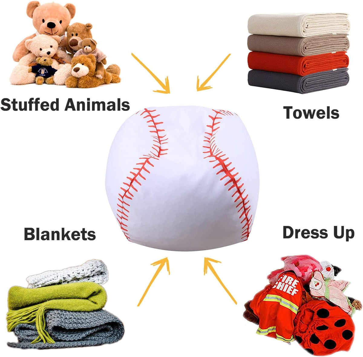 Colorful House Stuffed Animal Storage Bean Bag Chair for Kids and Adults, Lightweight Bean Storage Bag Cover for Organizing Blankets Clothes (26 inches, Baseball)