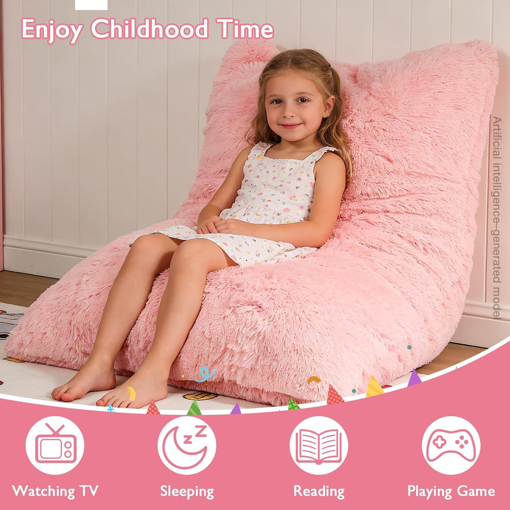 3 in 1 Kids Bean Bag Chair Bed, Kids Fluffy Stuffed Floor Pillow for Gaming and Reading, Ultra Soft Faux Fur Fabric Bean Bag Chairs to Lounger for Playroom, Living Room, Bedroom, Pink