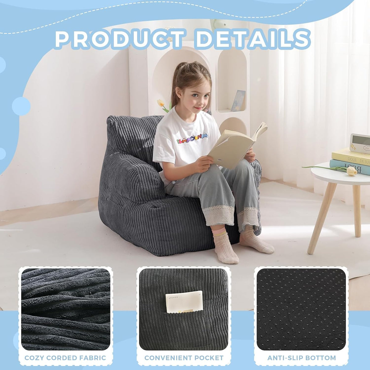 MAXYOYO Kids Bean Bag Chair, Stuffed Bean Bag Sofa, Dark Grey, Standard