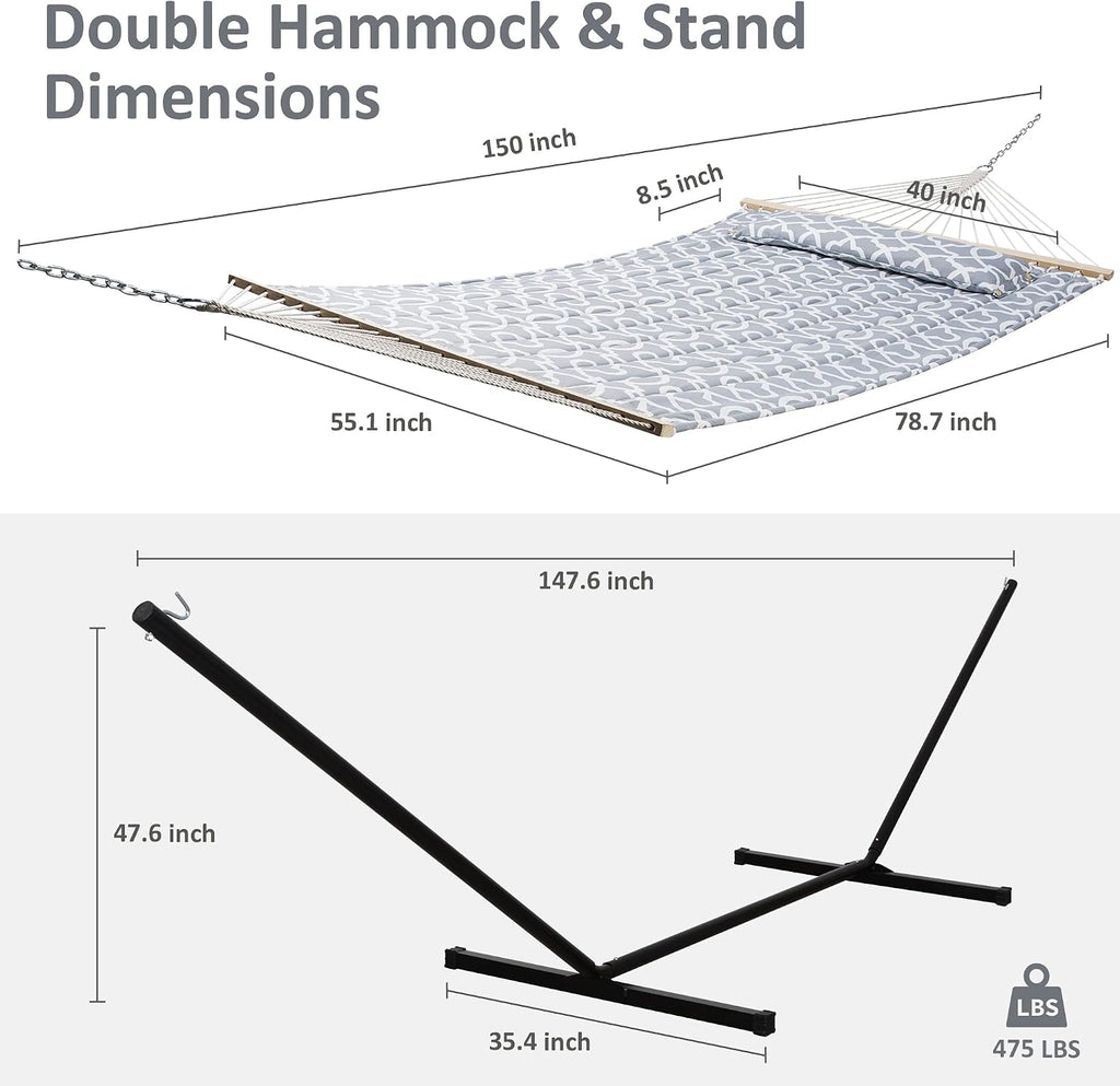 SUNCREAT Extra Large Double Hammock with Stand, 475lbs Capacity, Grey