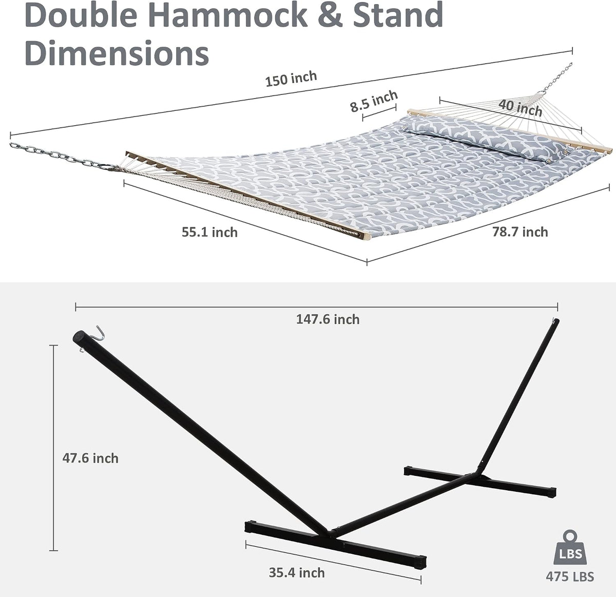 SUNCREAT Extra Large Double Hammock with Stand, 475lbs Capacity, Grey